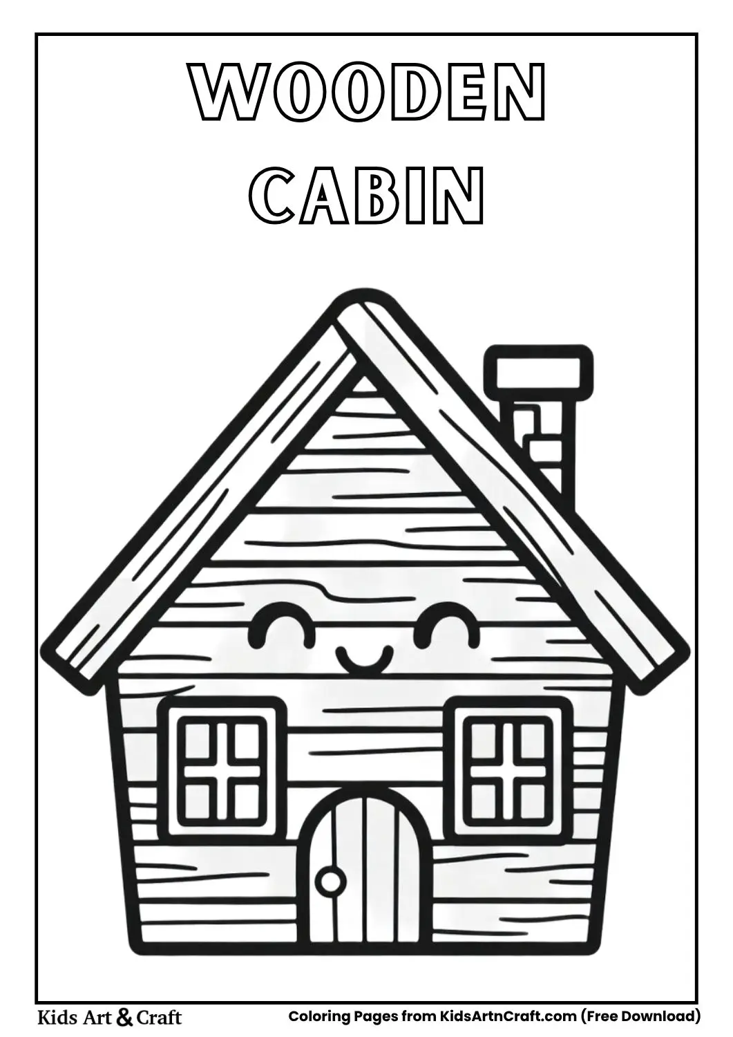 cute wooden cabin house with smiling face black and white coloring page for children