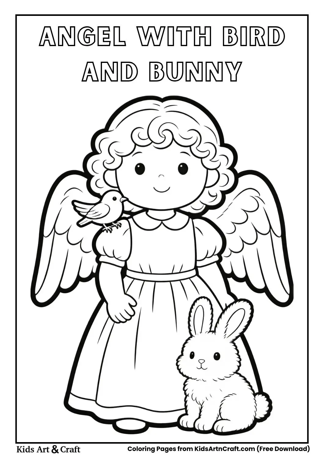 Angel surrounded by small bird and bunny coloring sheet