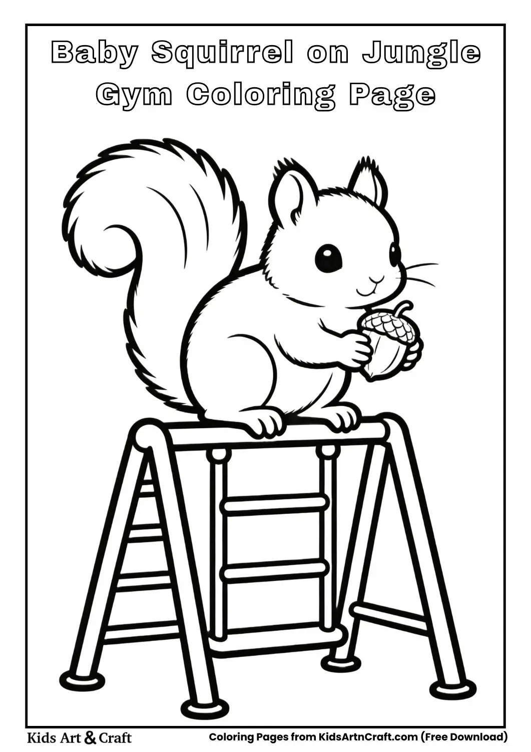 Baby squirrel sitting on playground jungle gym holding acorn