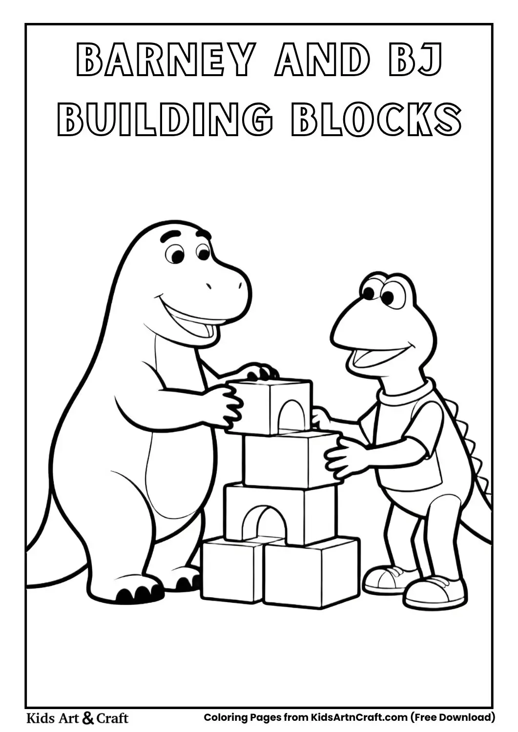 Barney and BJ playing with building blocks cartoon coloring page