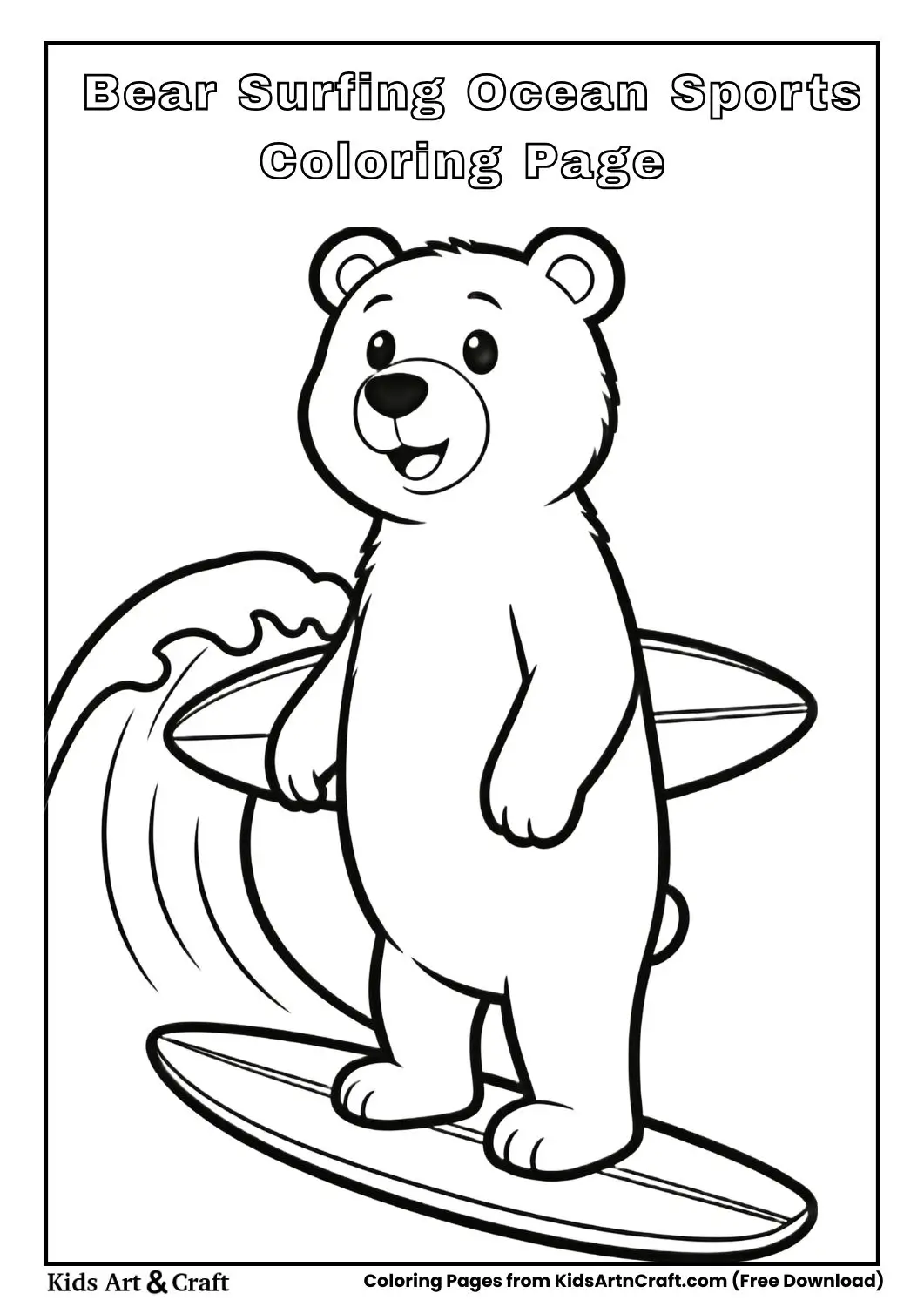 Bear surfing on wave simple coloring page