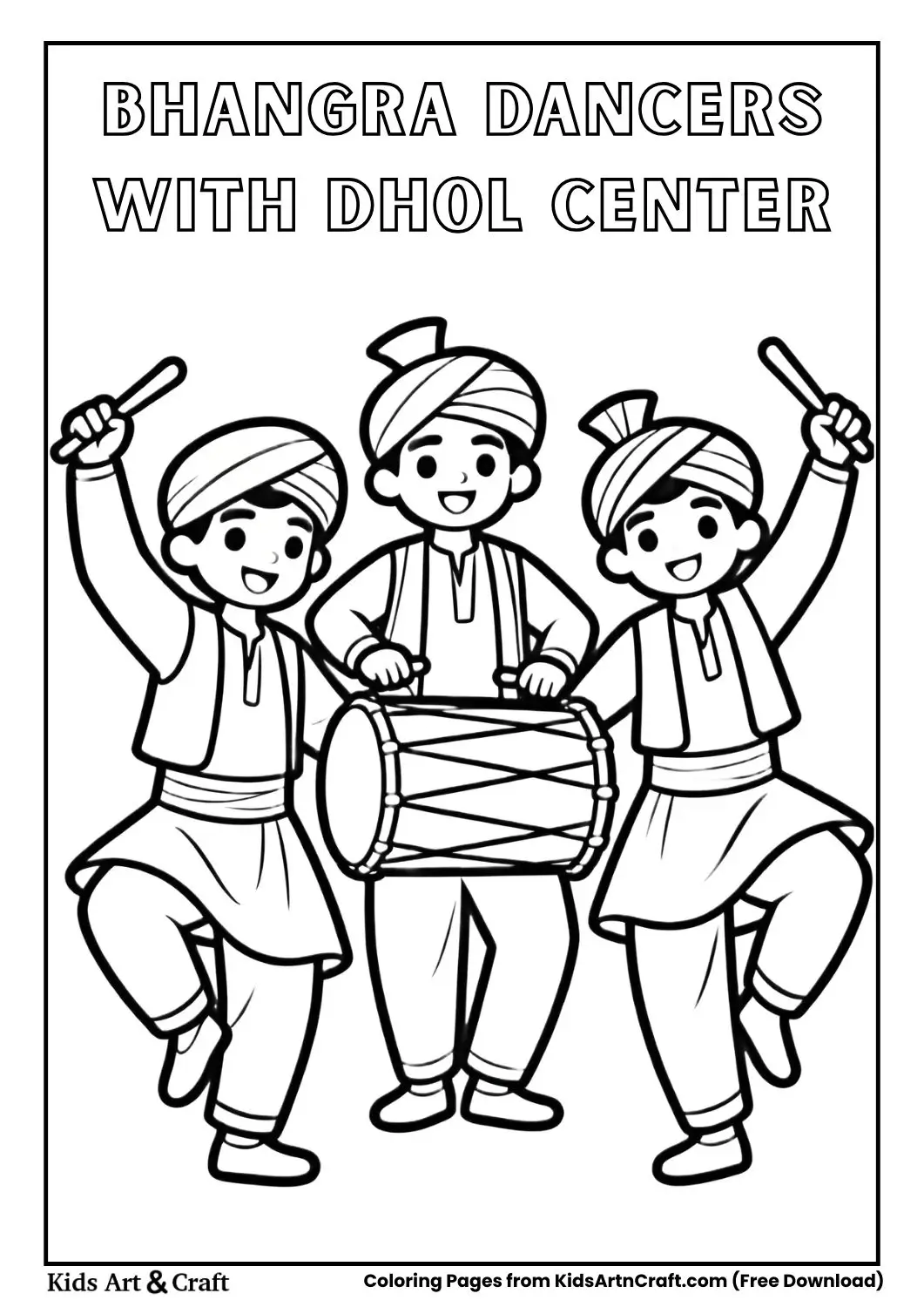 bhangra dancers around dhol drum coloring page
