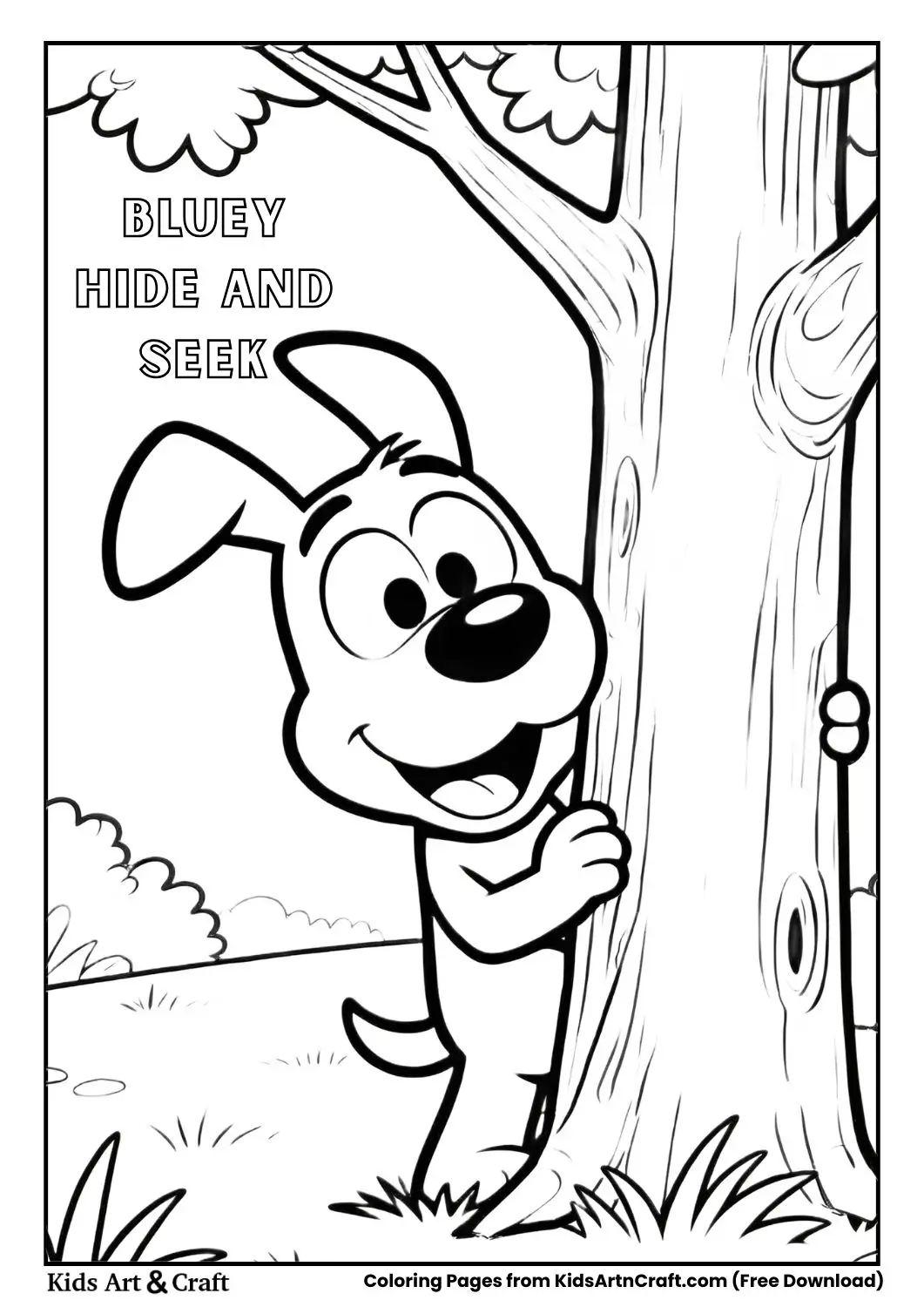 Bluey hiding behind tree coloring page