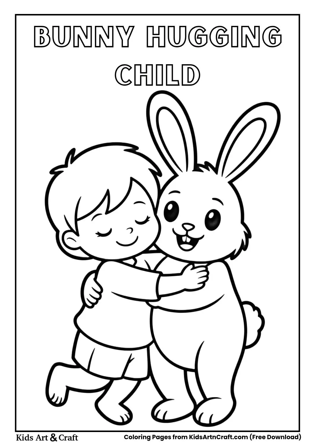 Cute bunny sitting beside a child and giving a hug black and white coloring page