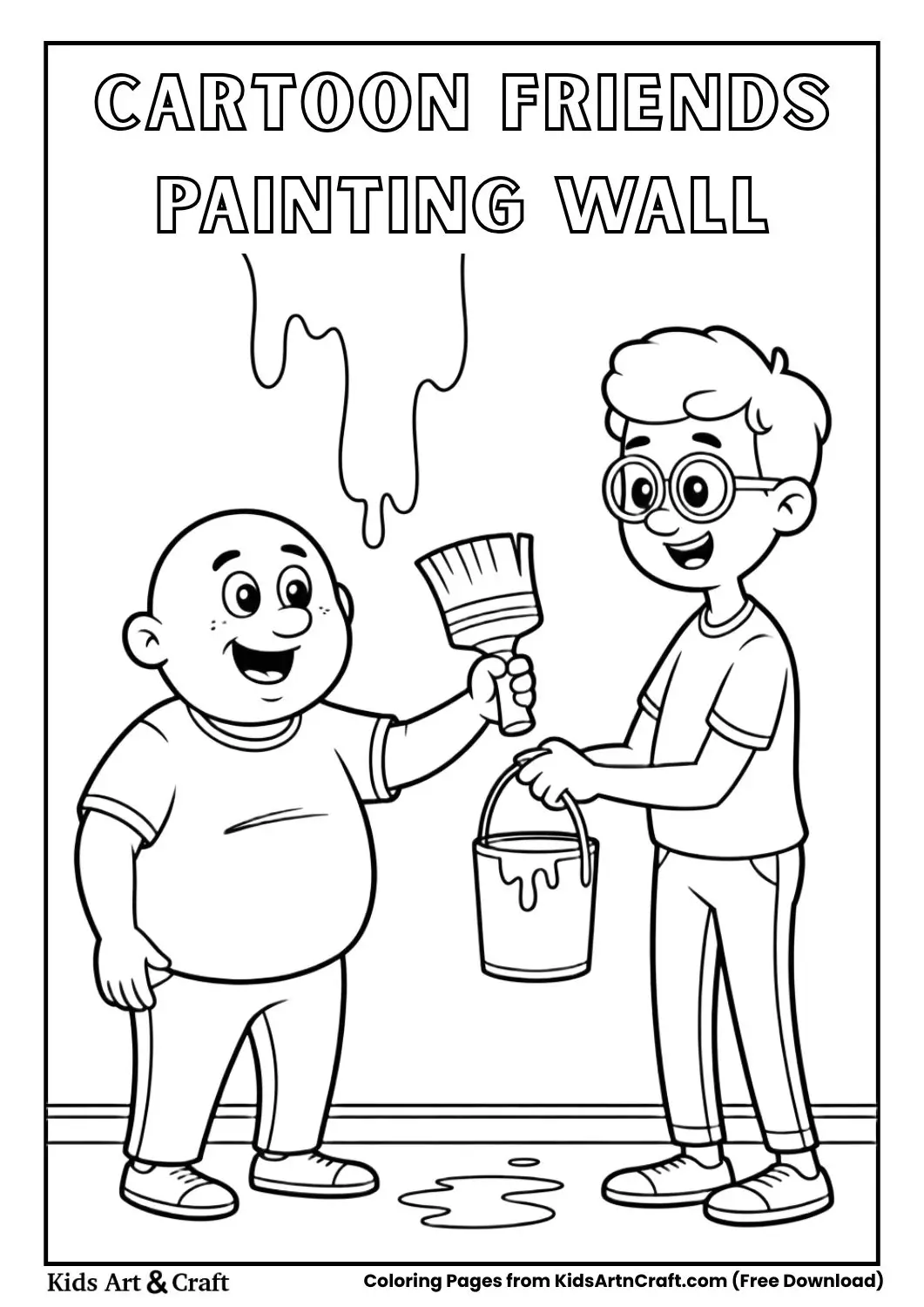 cartoon friends painting wall with paint bucket coloring page