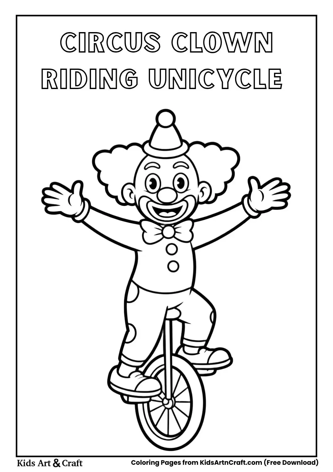 Black and white coloring page of a circus clown balancing on a unicycle.