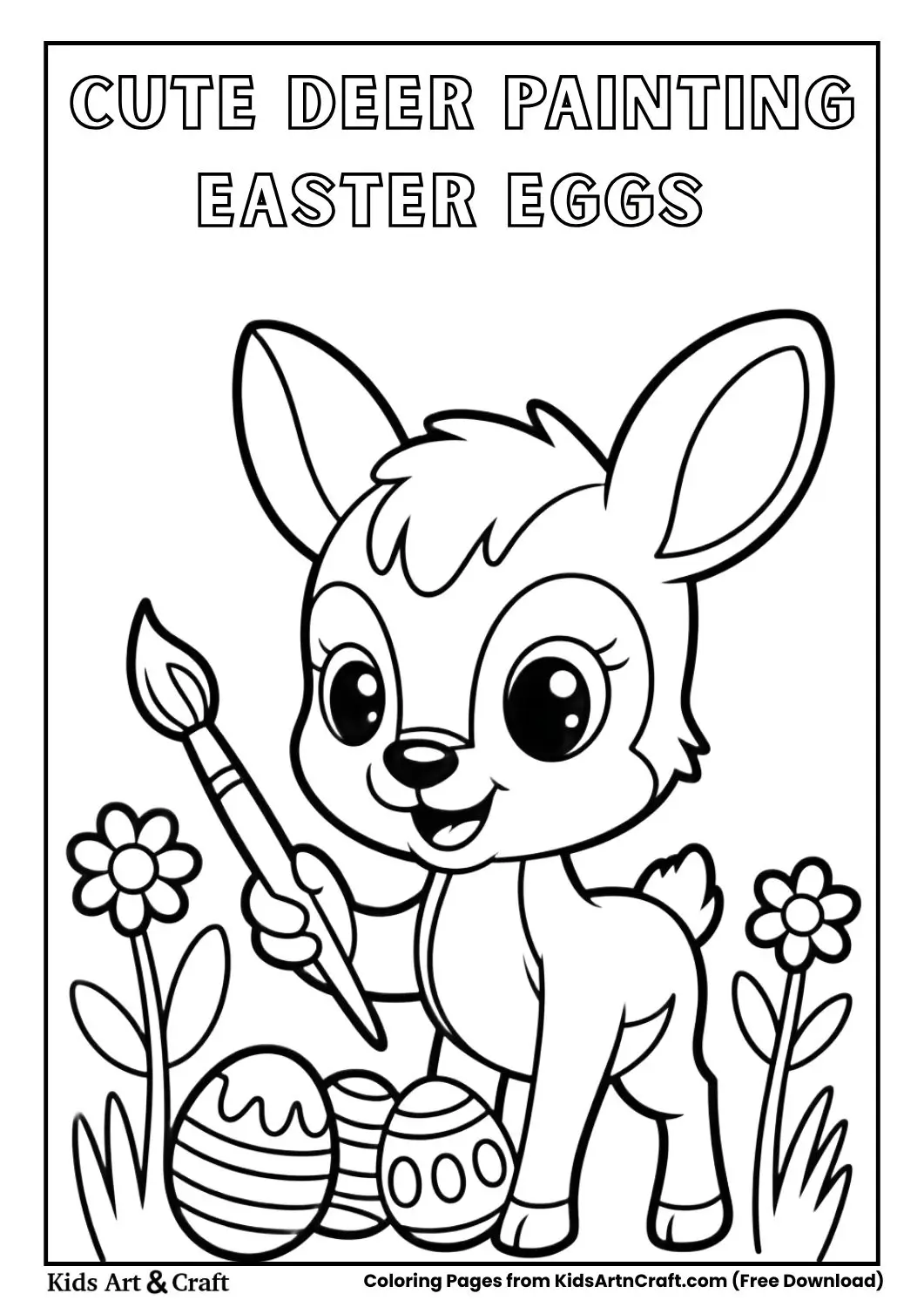 baby deer painting easter eggs black and white coloring page