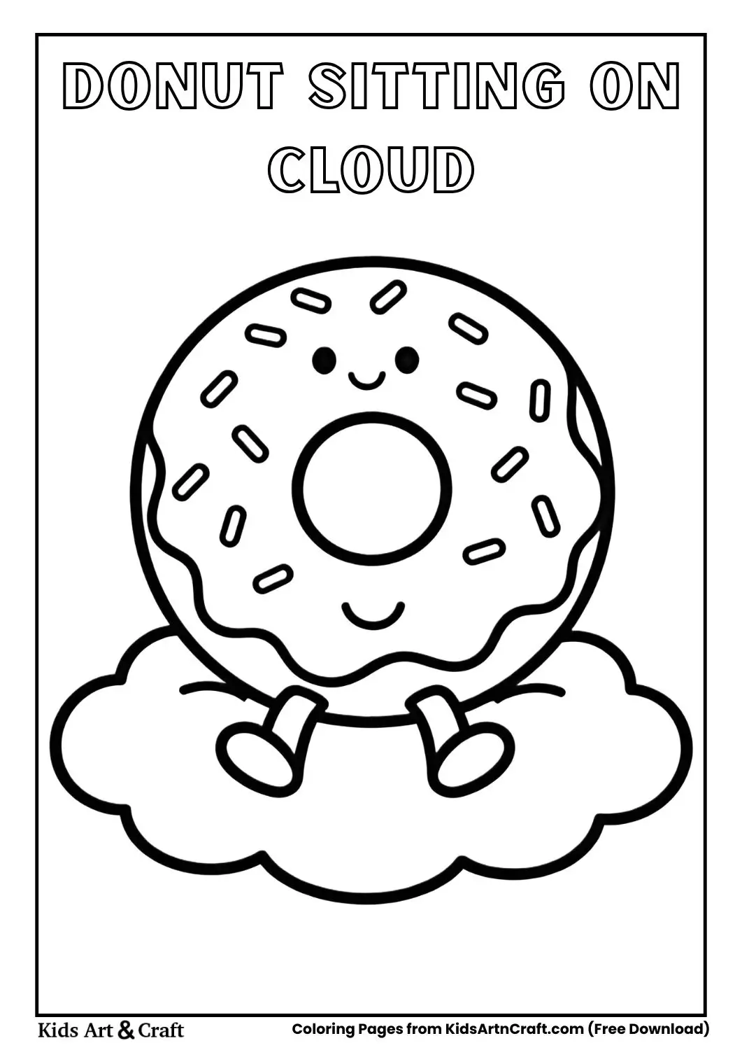 Cute donut sitting on a fluffy cloud cartoon coloring page