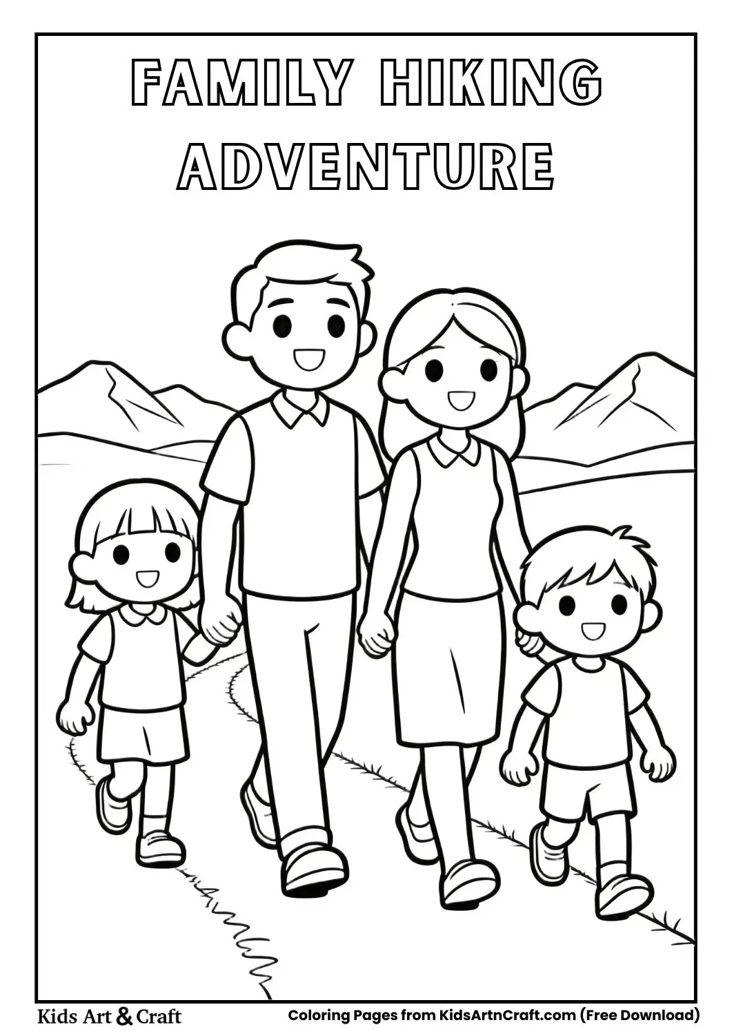 Family hiking on trail black and white coloring page