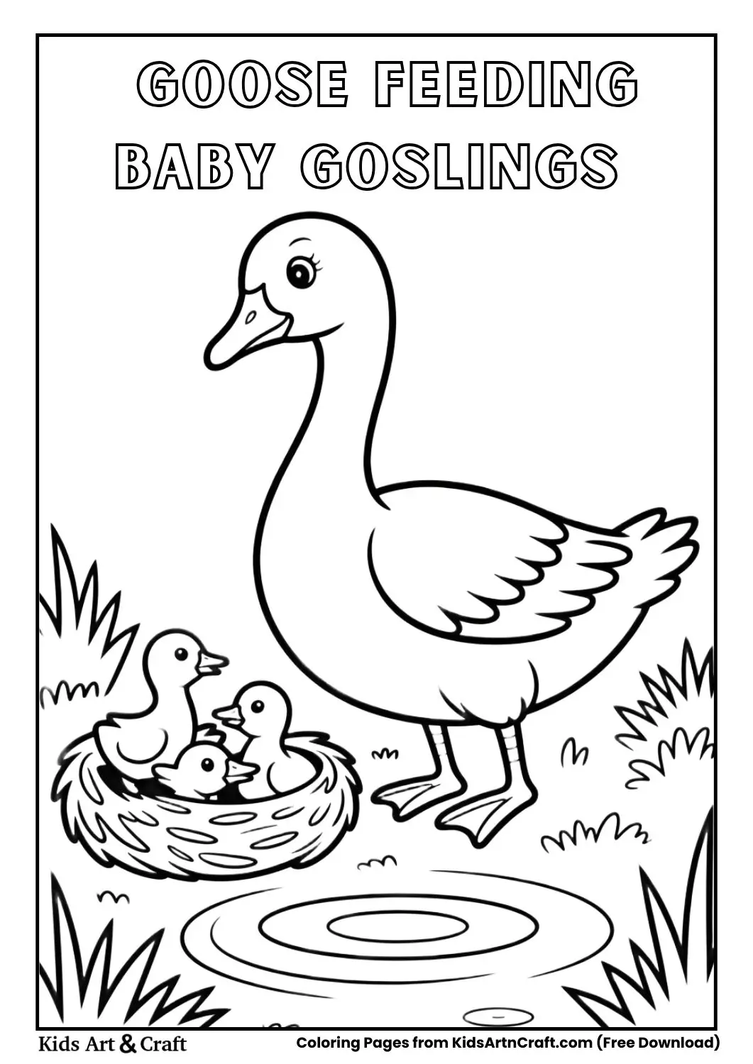 Goose feeding baby goslings near pond nest simple black and white coloring page