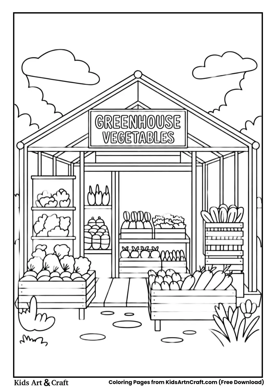 Greenhouse Vegetables shop with transparent roof coloring page