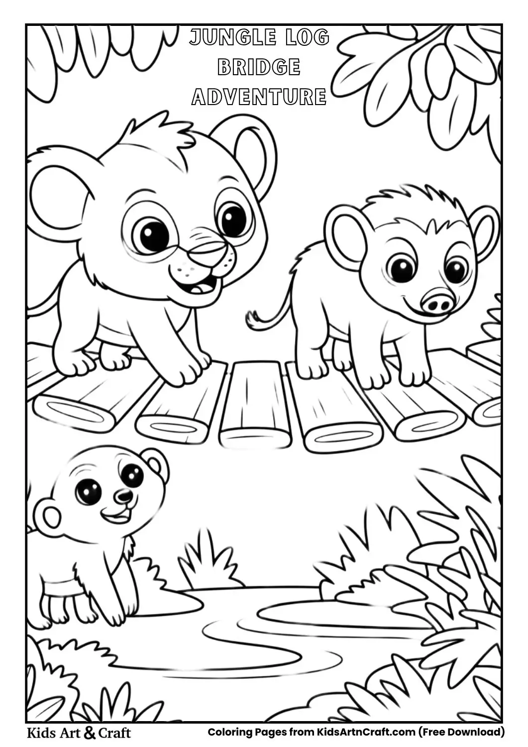 Lion cub warthog and meerkat crossing jungle log bridge coloring page