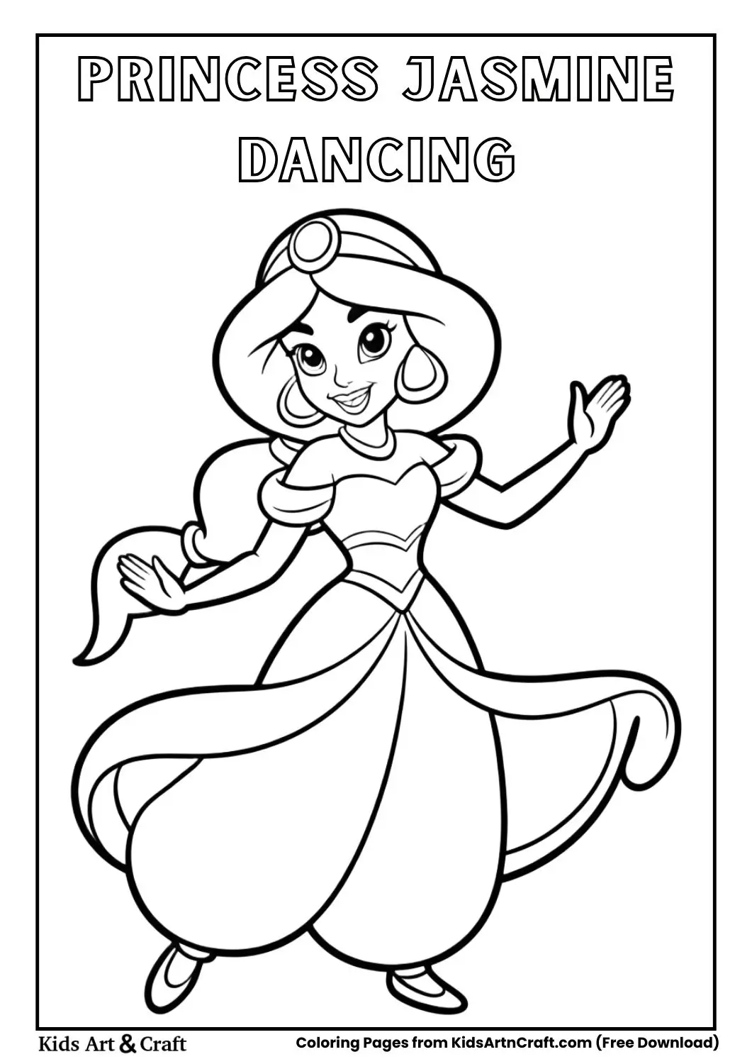 Princess Jasmine dancing black and white coloring page for kids