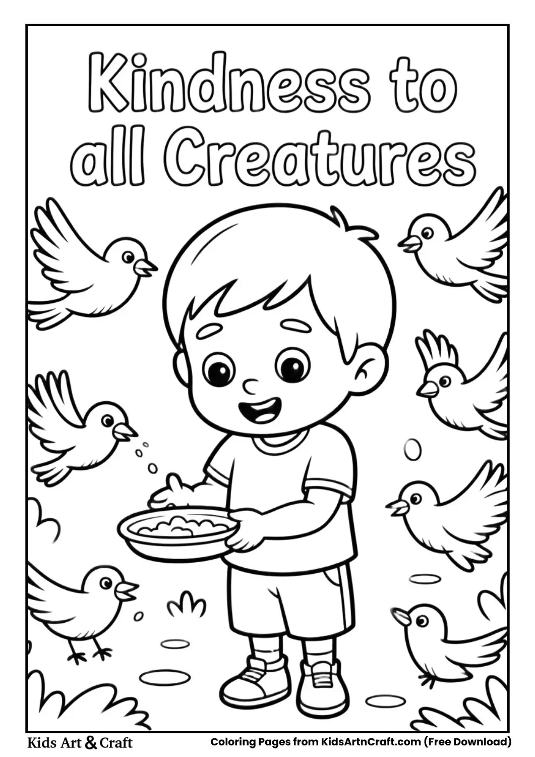 child feeding birds in park coloring page