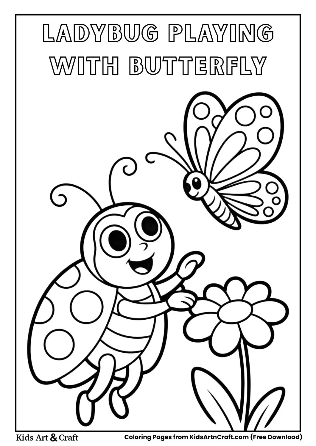 Cute ladybug and butterfly simple black and white coloring page for kids.