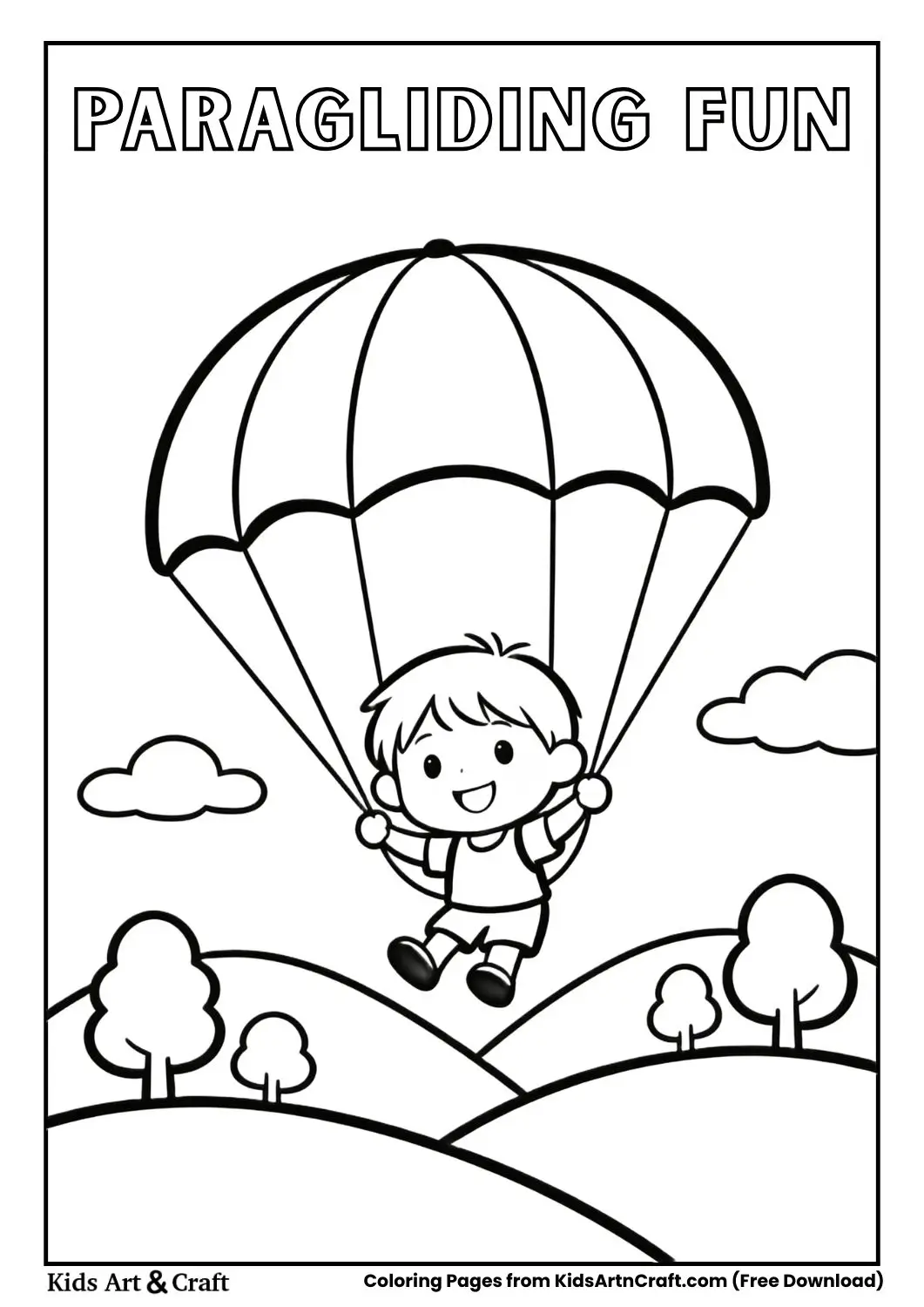 Child paragliding over hills simple outline drawing.