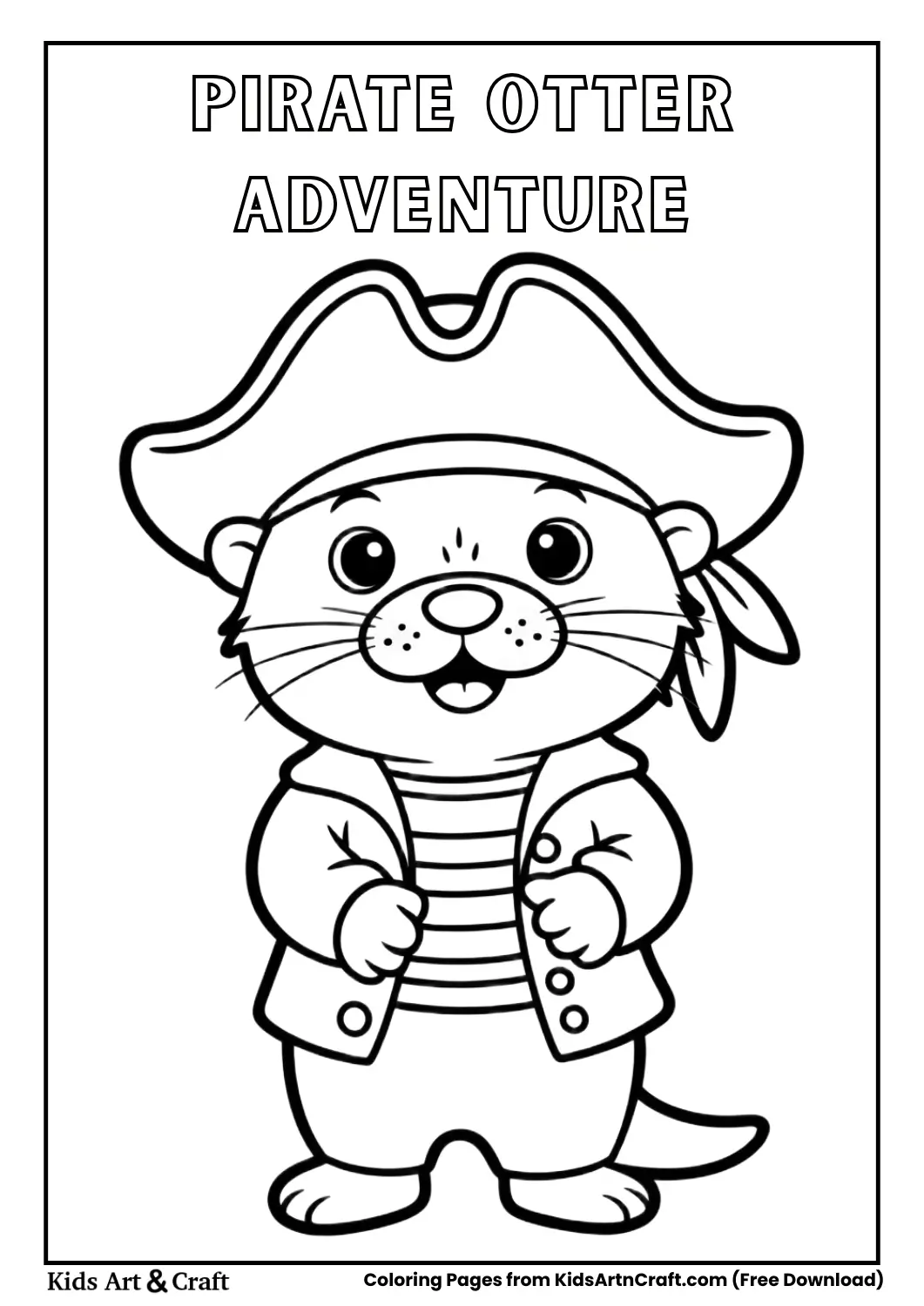 Cartoon pirate otter wearing hat simple black and white coloring page.