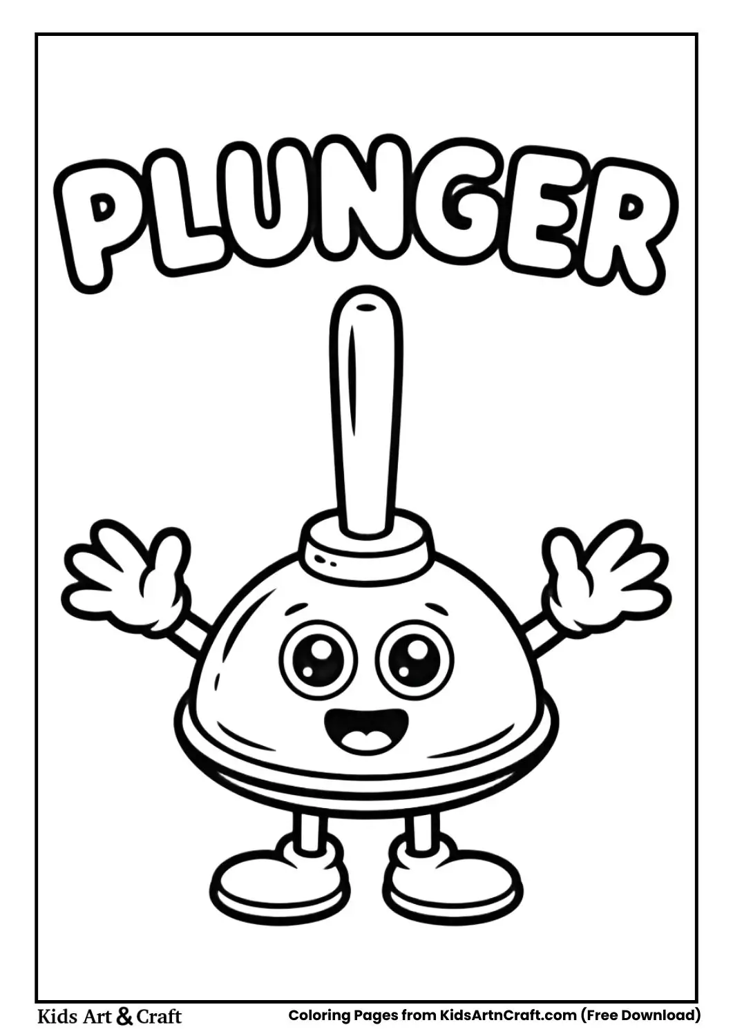 Cartoon plunger coloring page labeled plunger for kids
