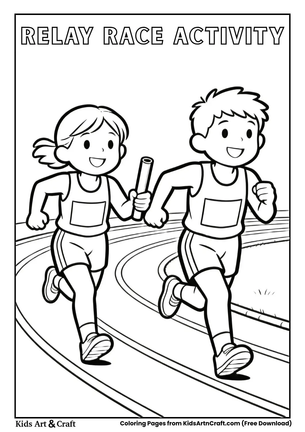 Children passing baton in relay race coloring page