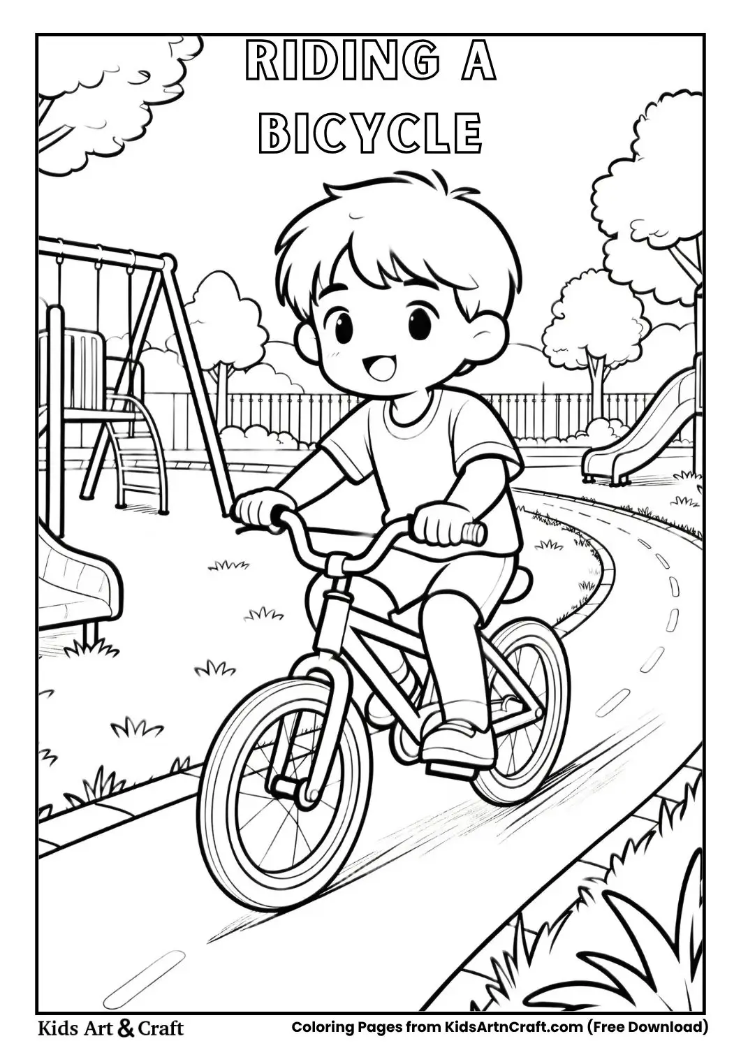 child riding bicycle simple daily routine coloring page for kids
