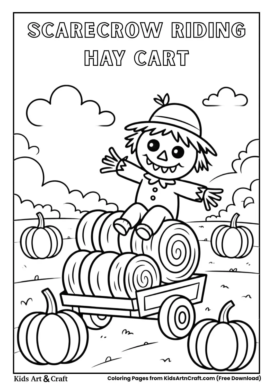 Cute scarecrow riding hay cart with pumpkins coloring page