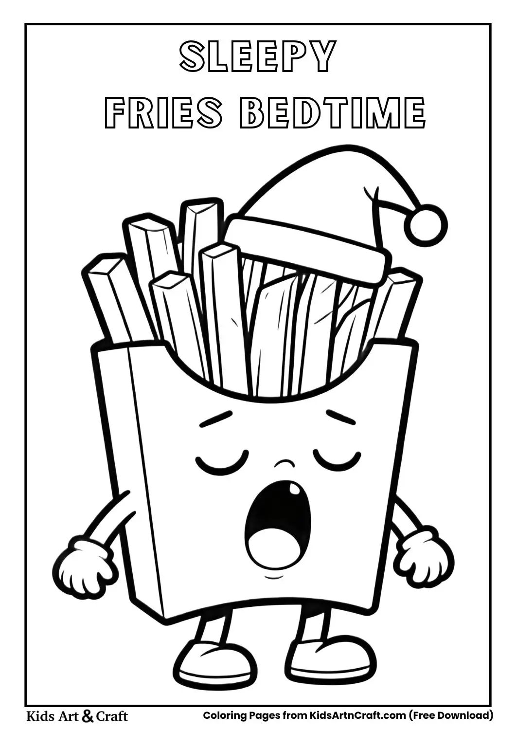 Cute fries box yawning with nightcap coloring page