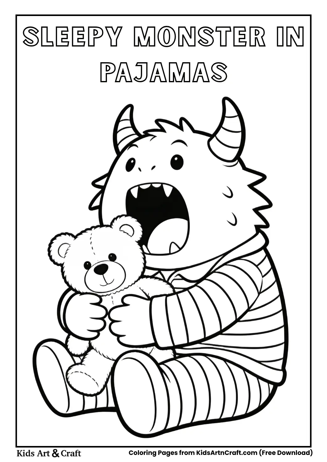 Cute monster wearing pajamas holding teddy bear in line art