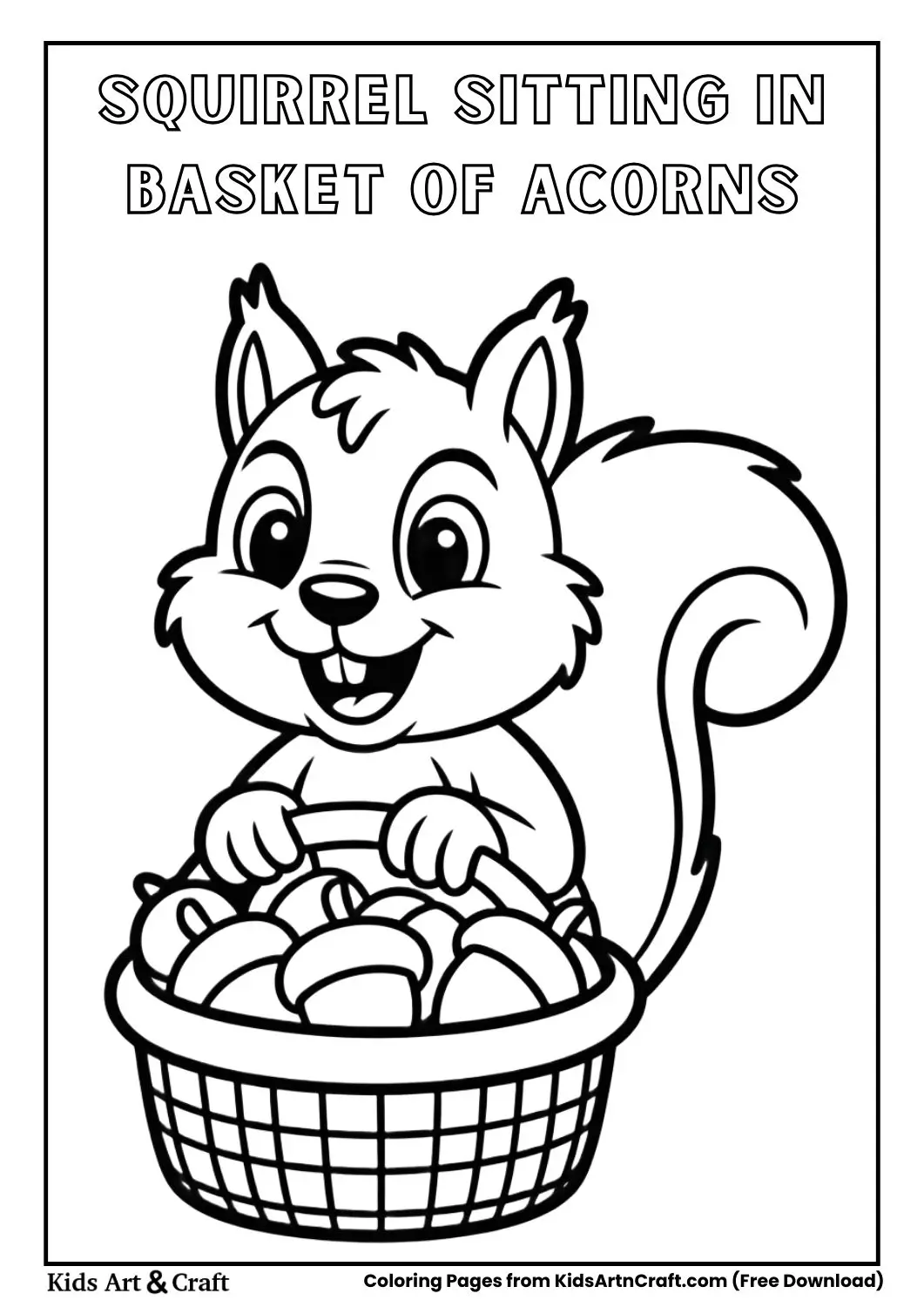cute squirrel sitting in basket full of acorns coloring page
