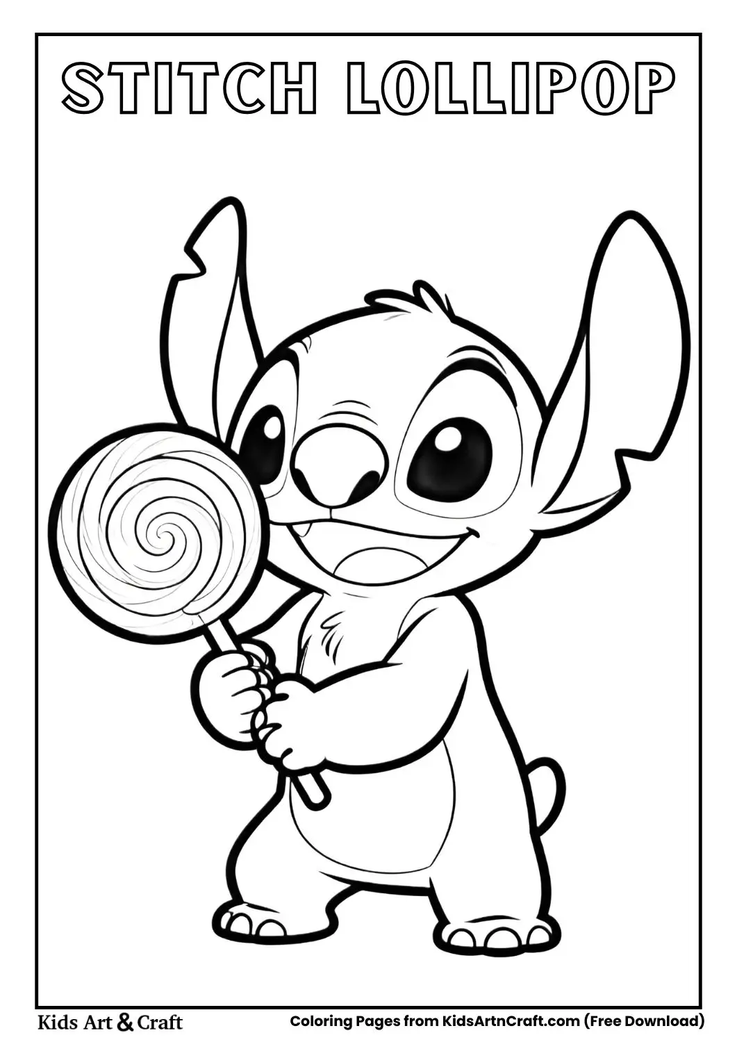 Stitch holding big lollipop black and white coloring page for kids