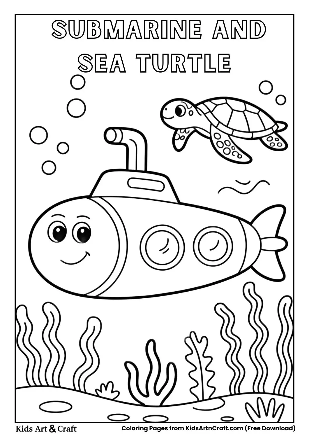 submarine with sea turtle underwater coloring page