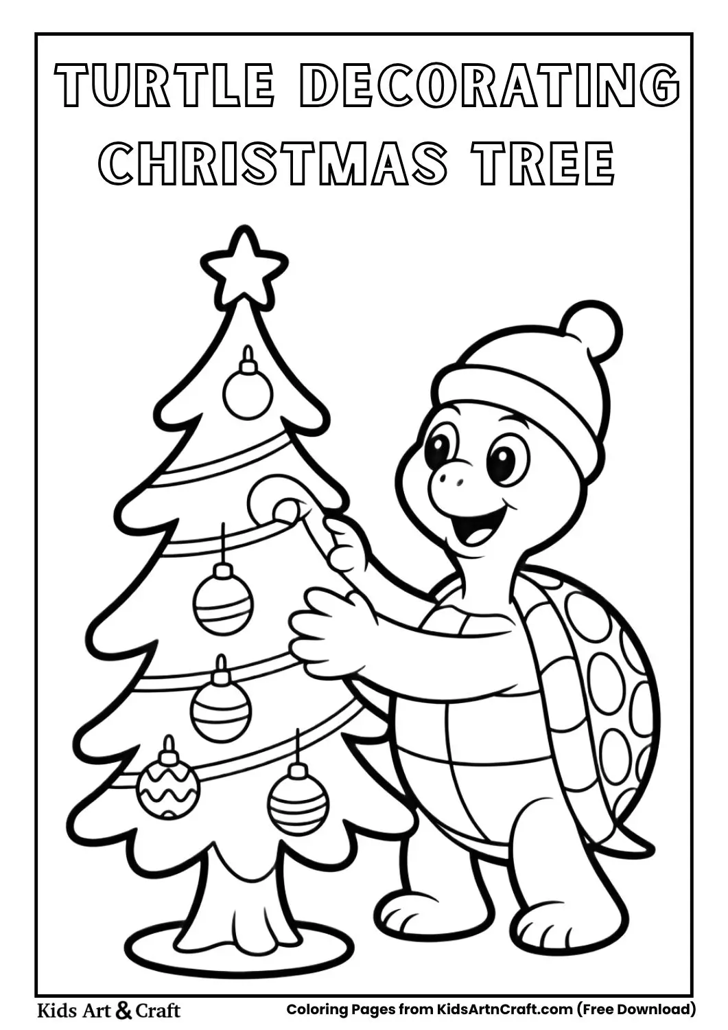 cute turtle decorating Christmas tree with ornaments kids coloring page