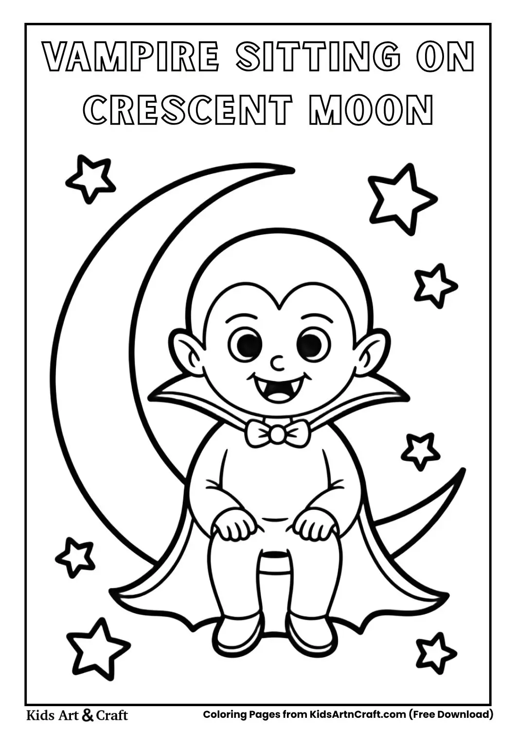 Cute vampire sitting on a crescent moon Halloween coloring page