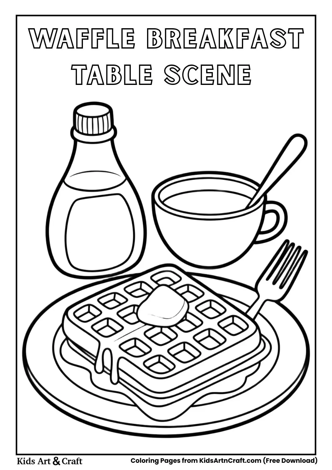 breakfast plate with waffle syrup bottle and fork coloring page