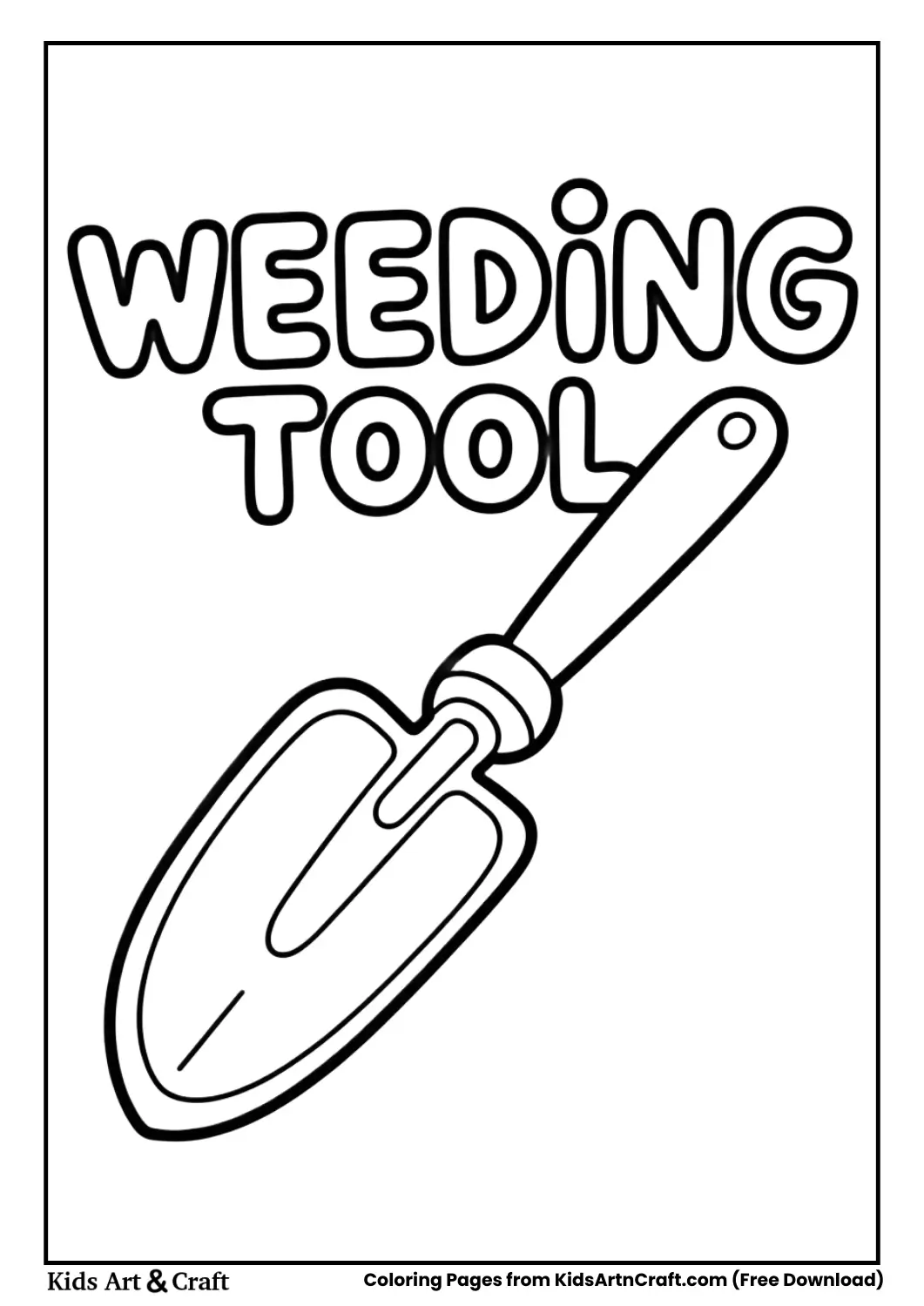 Simple black and white weeding tool coloring page with bold lines and bubble letters