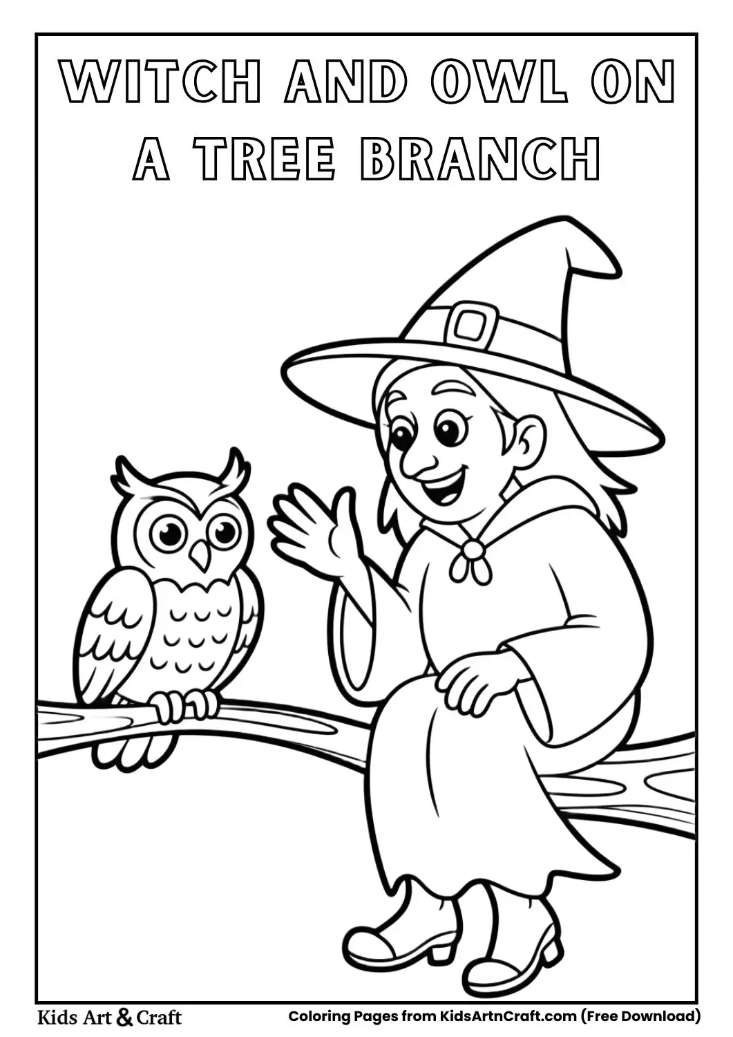 Witch talking with owl on branch coloring page
