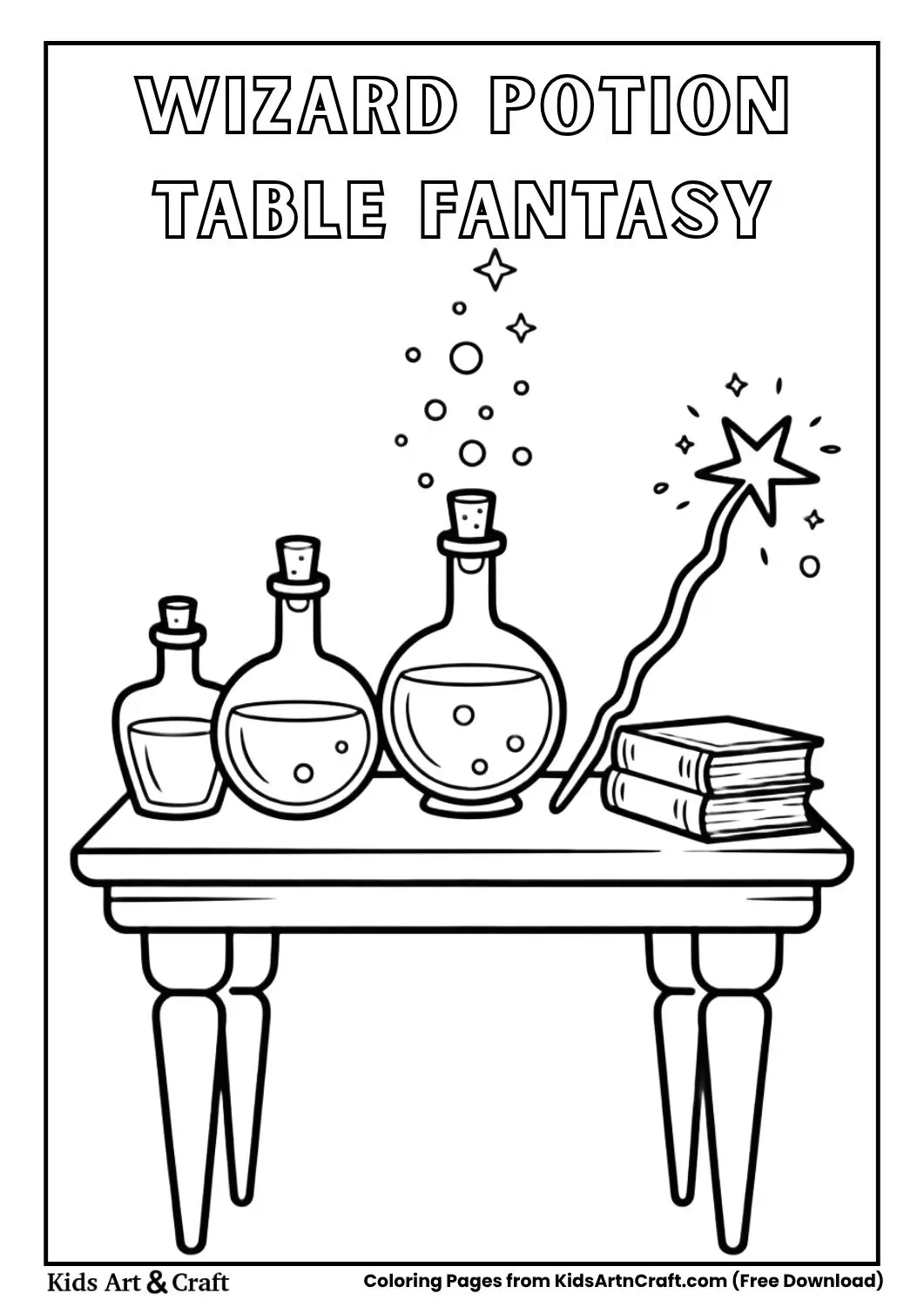 simple wizard potion table with bottles coloring page for kids