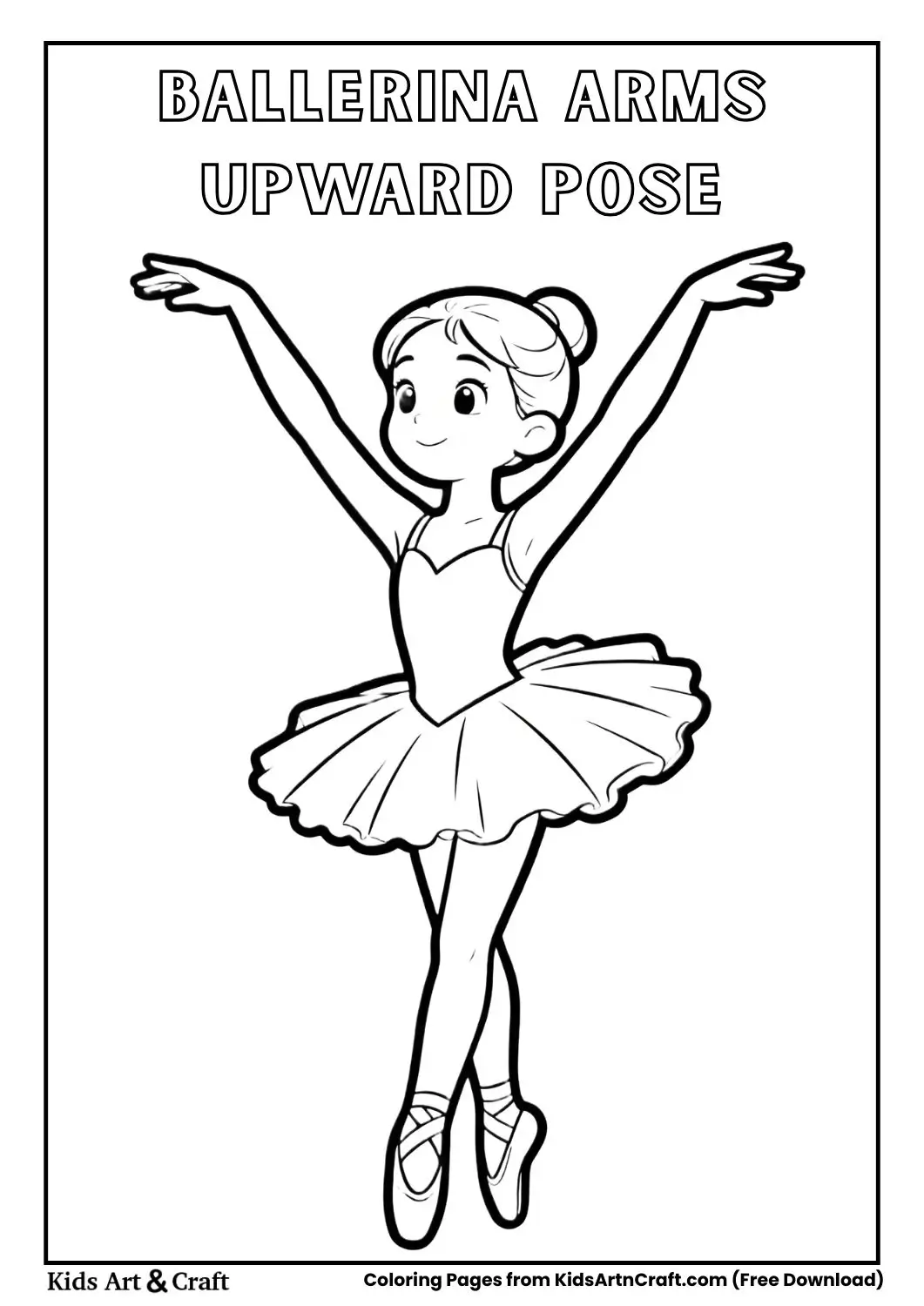Young ballerina stretching arms upward in ballet position coloring page
