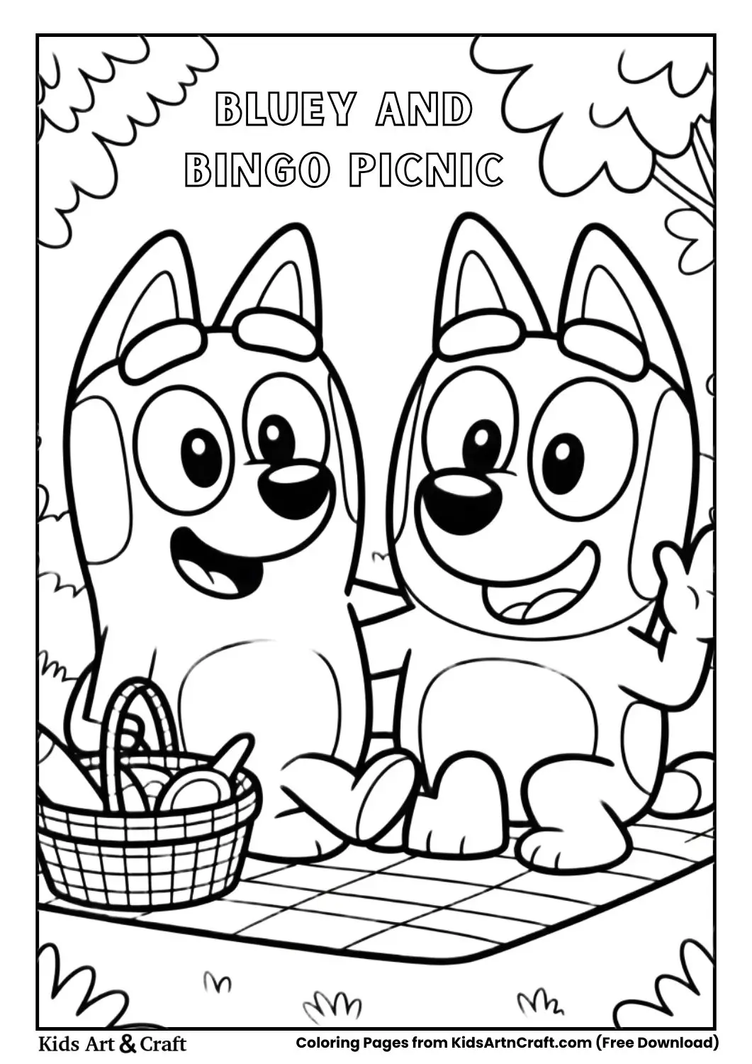 Bluey and Bingo having picnic black and white coloring page