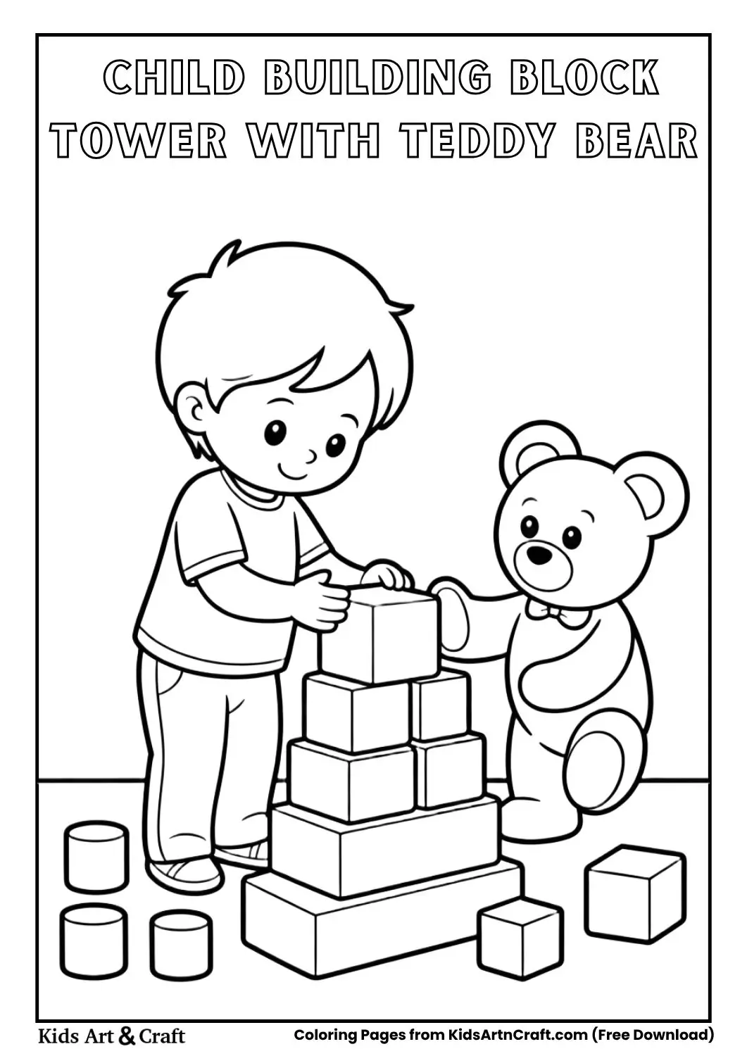 Child building a tower of blocks with teddy bear helping coloring page black and white