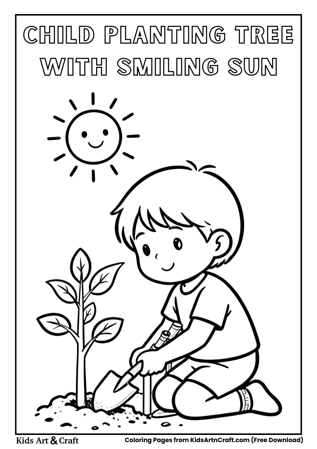 Child planting tree sapling with smiling sun in sky