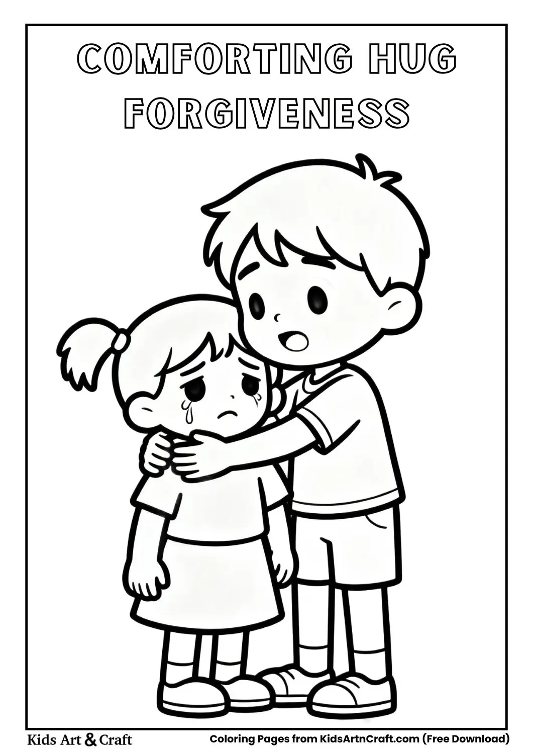 Child hugging sad friend forgiveness kids coloring page