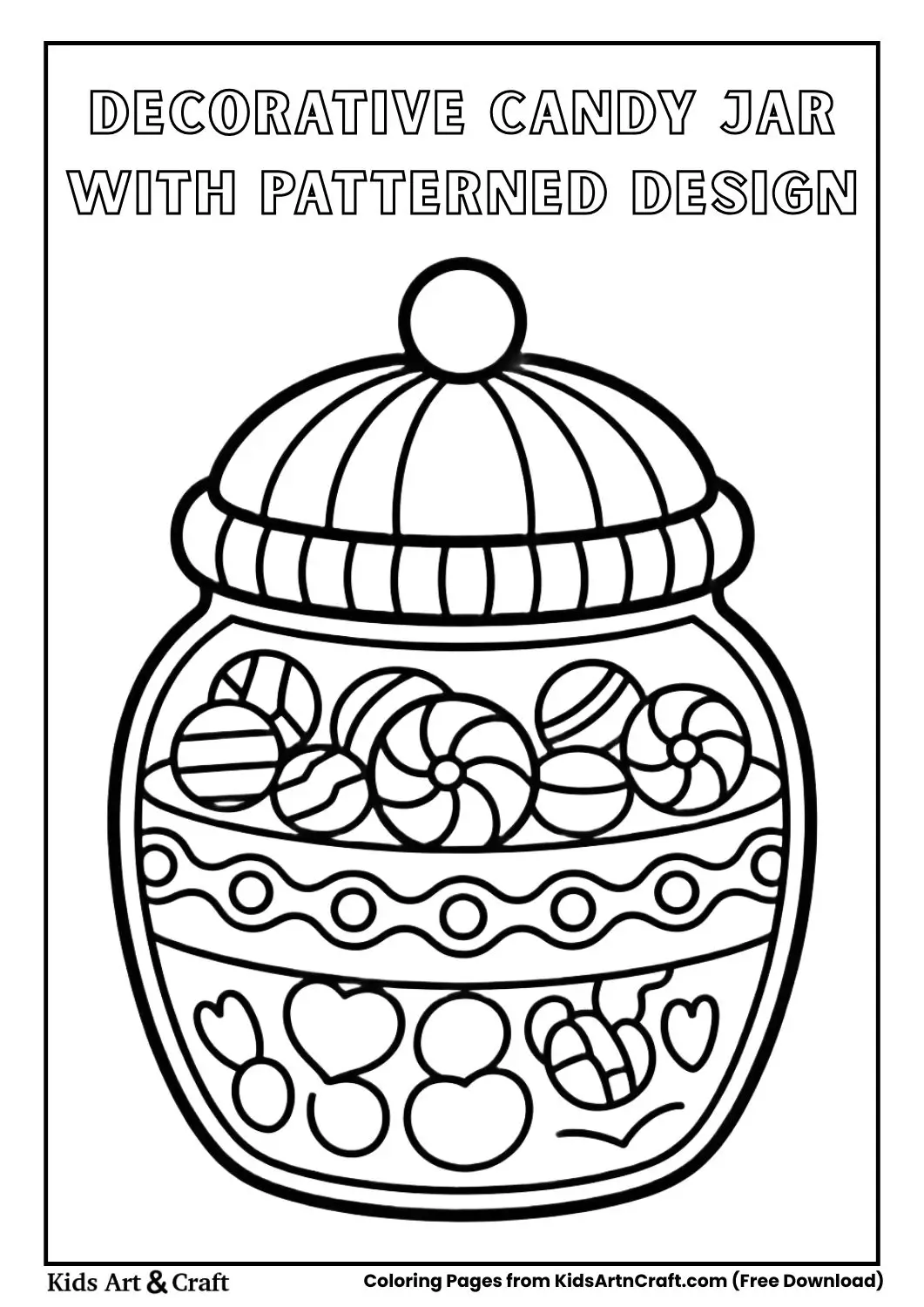 decorative candy jar with patterns and candies black and white coloring page
