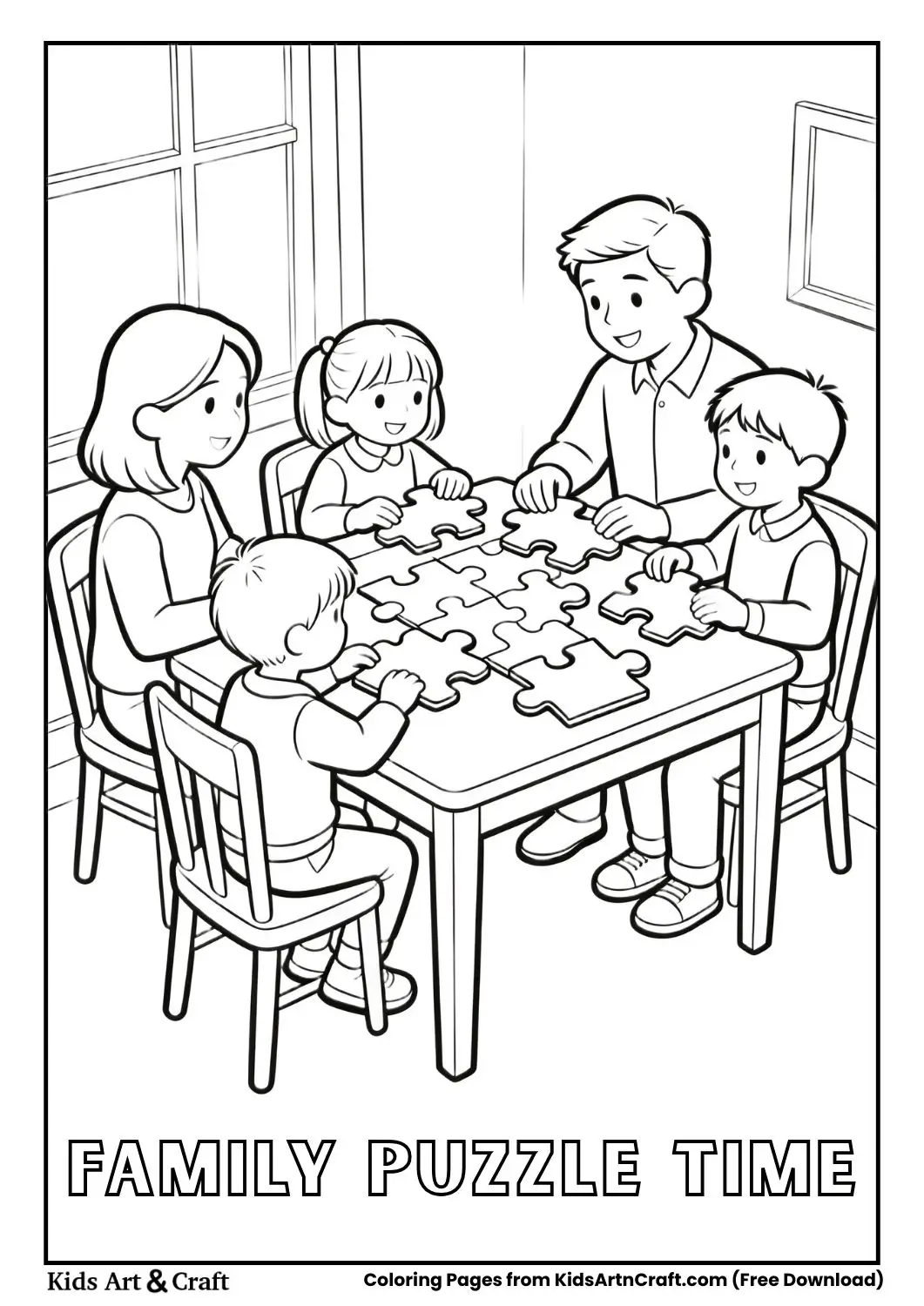 Family assembling puzzle at dining table