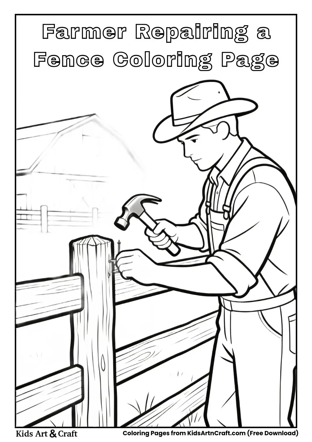 Black and white coloring page of a farmer fixing a wooden fence with a hammer.