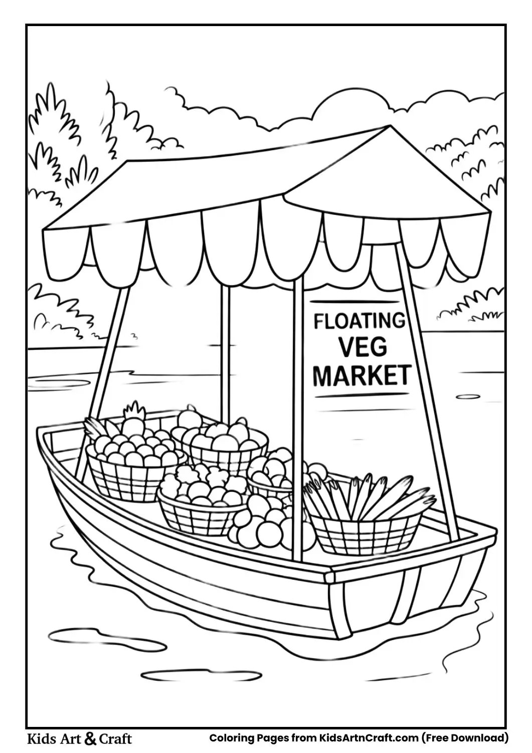 Floating Veg Market boat shop coloring page 