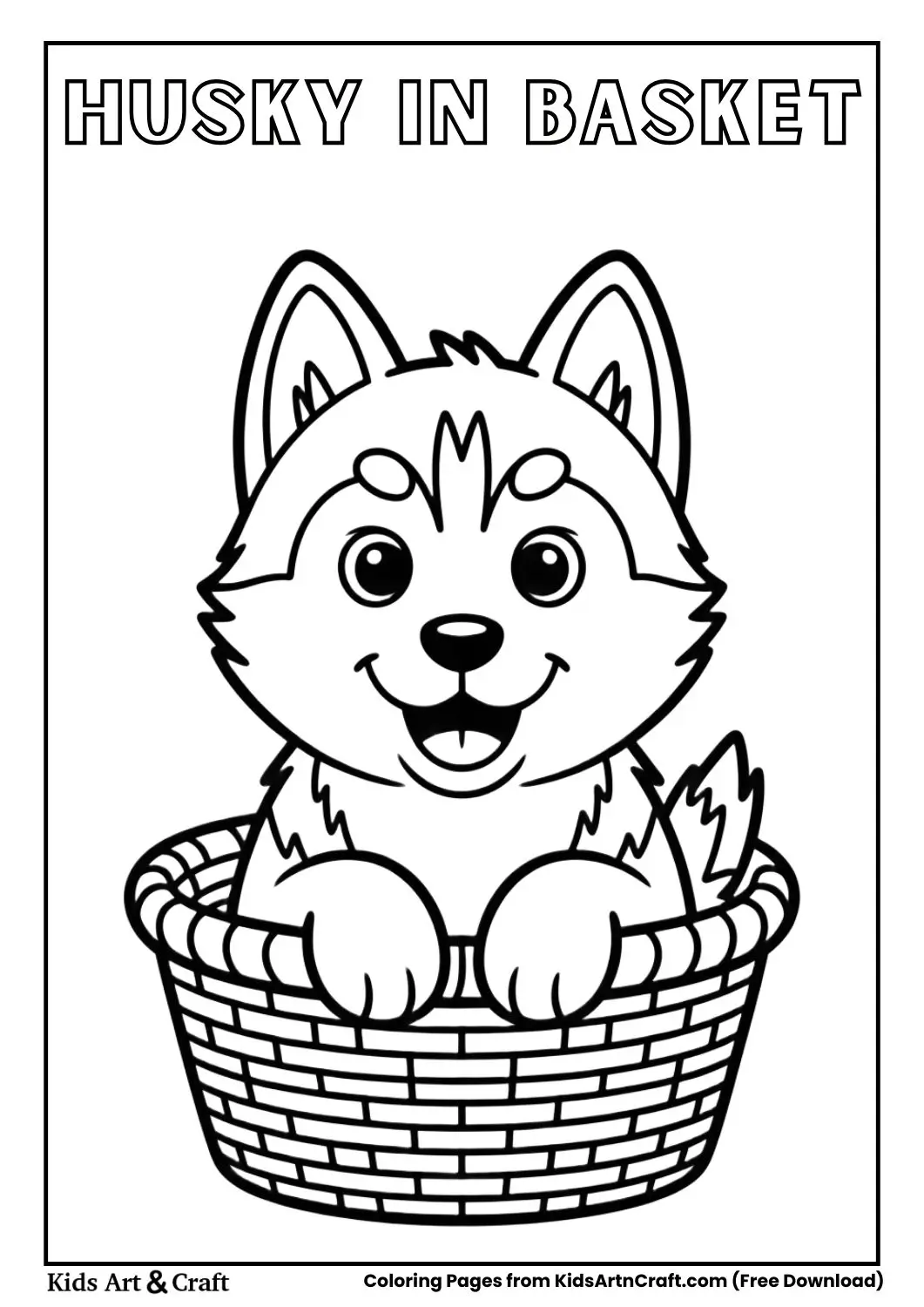 Husky sitting inside basket coloring page