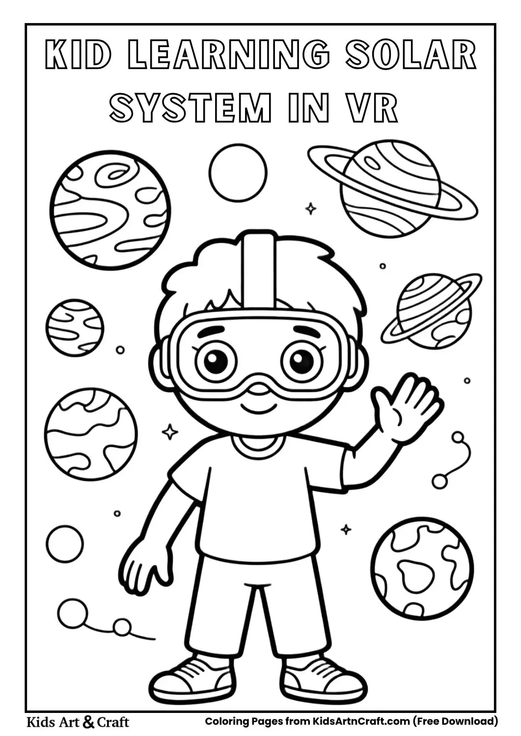 child wearing VR headset learning solar system coloring page black and white