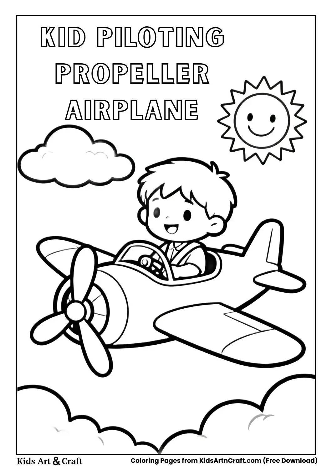 Kid flying a small propeller airplane above clouds coloring page.