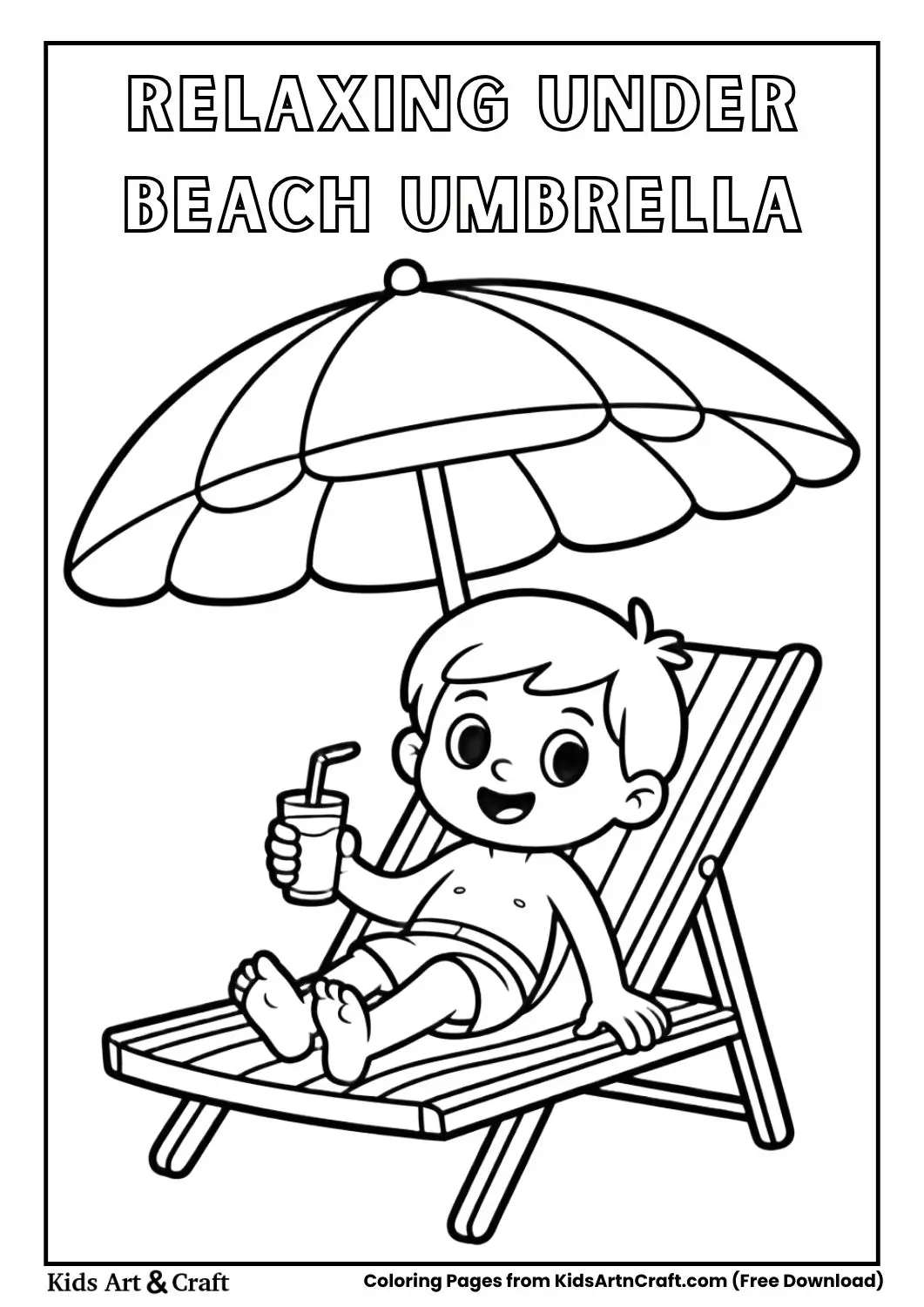 child relaxing under beach umbrella with towel coloring page