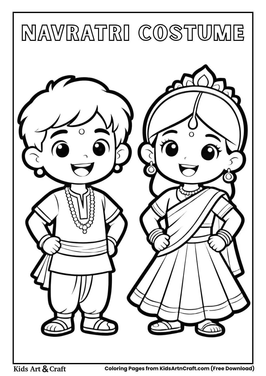 Kids wearing Navratri traditional costumes coloring page